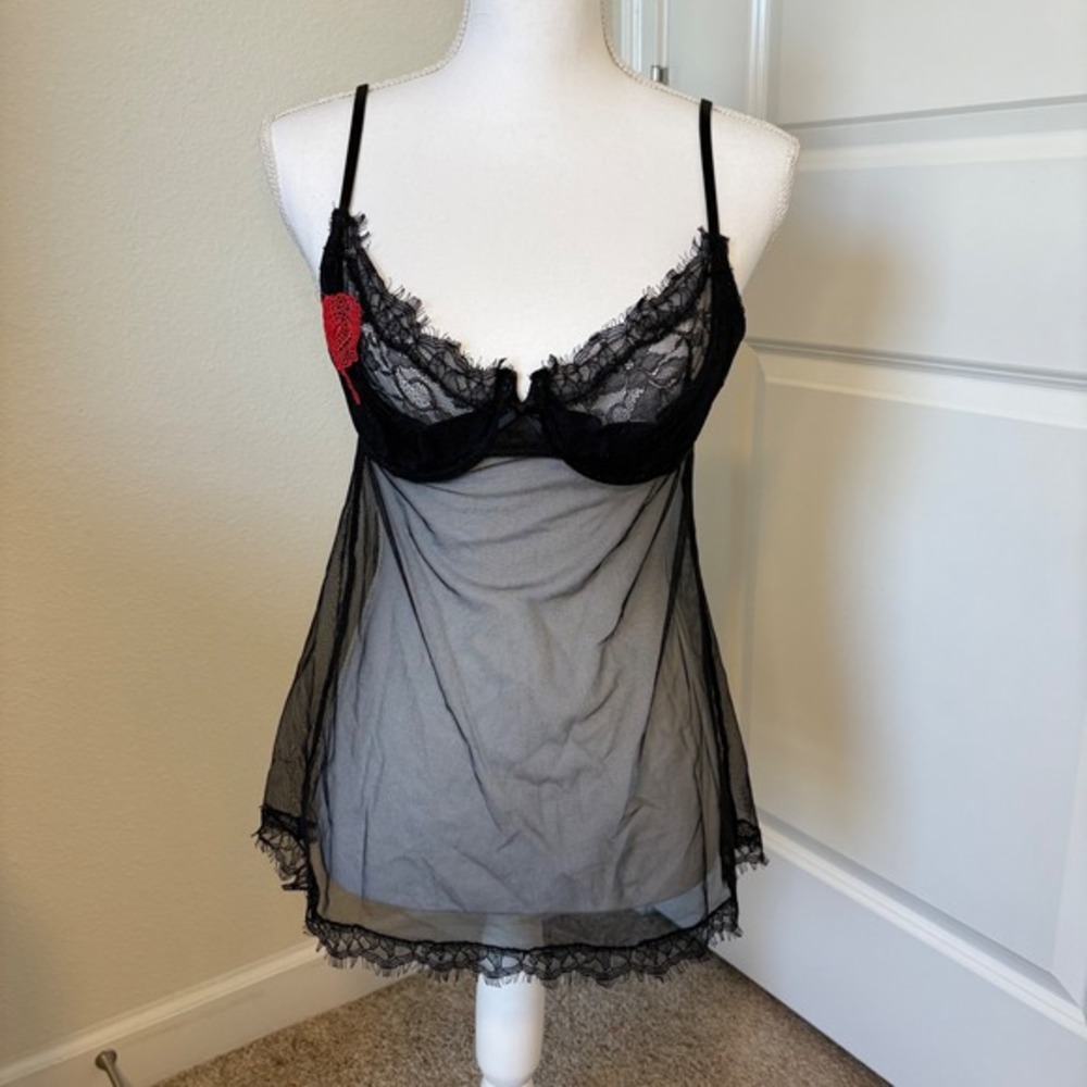 Victoria's Secret Very Sexy Black Mesh Lace Heart Babydoll Slip 36C